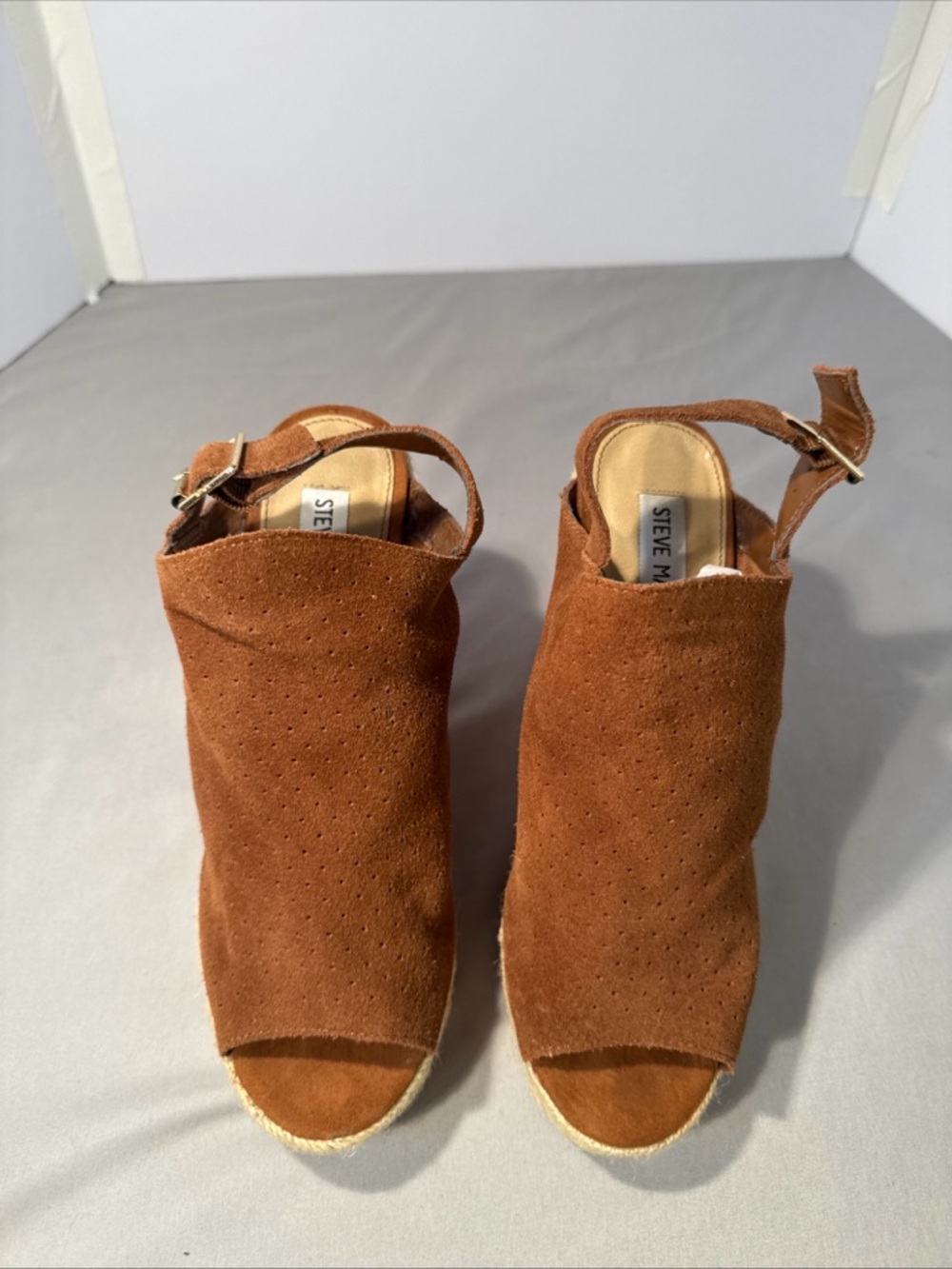 Steve Madden Tan Suede Peep-Toe Espadrille Wedge Sandals